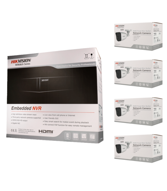Kit de 4 cámaras IP bullet Hikvision con grabador PoE